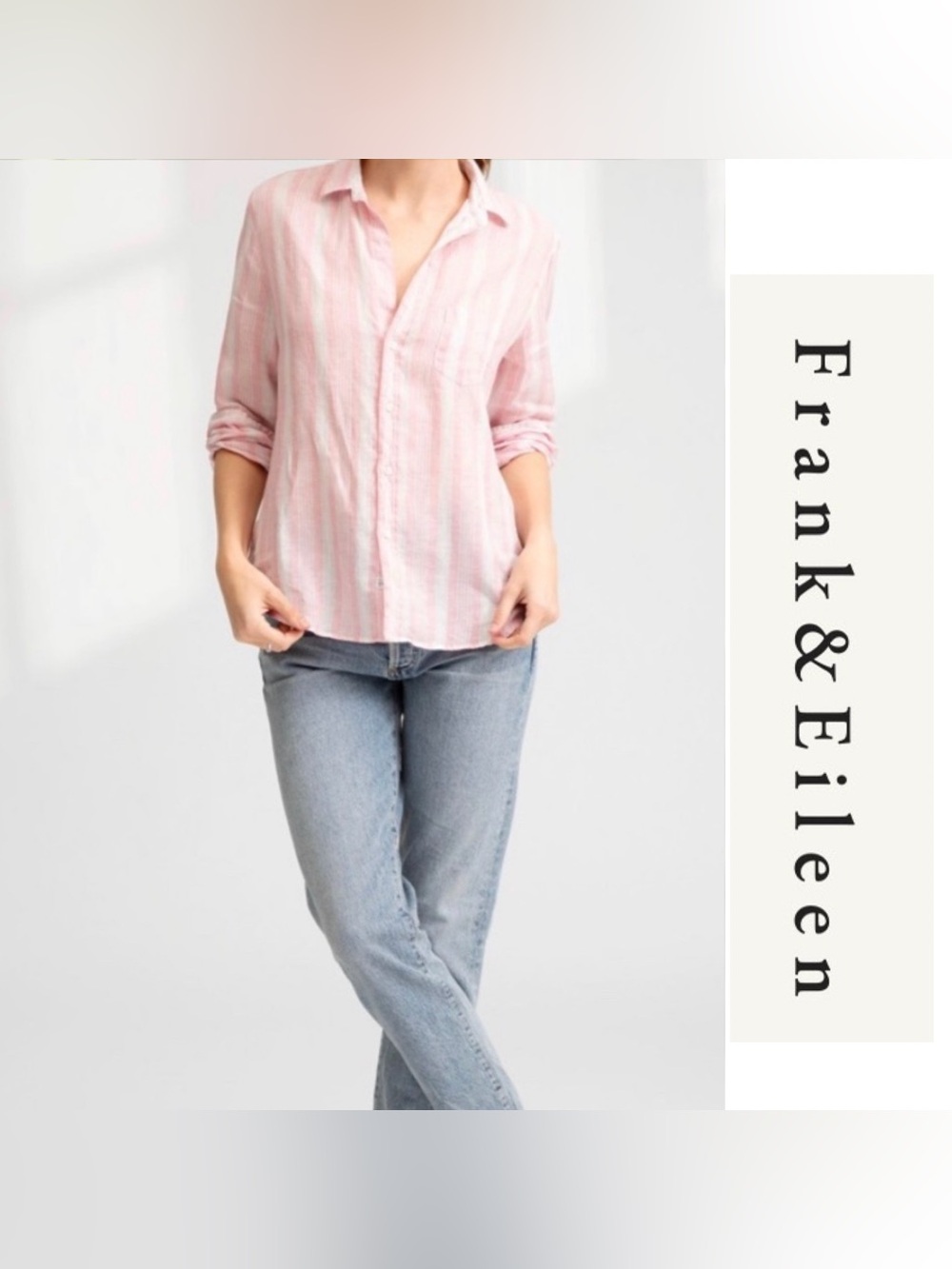Frank & Eileen | Barry Striped Linen Shirt | Large | Pink & White